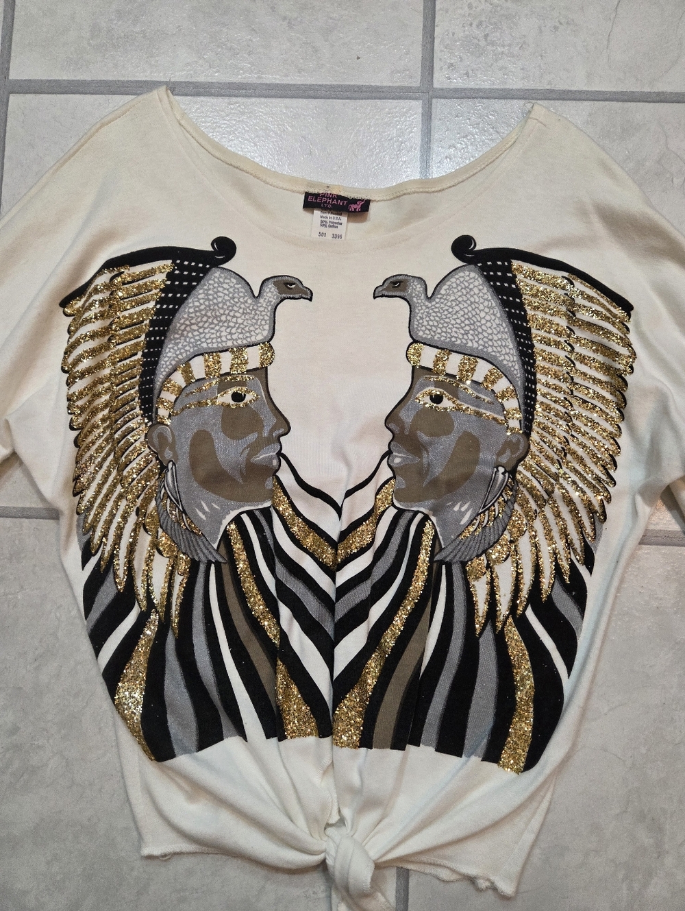 Vintage 70's Pink Elephant LTD White Egyptian Shirt With Sparkles Size Small